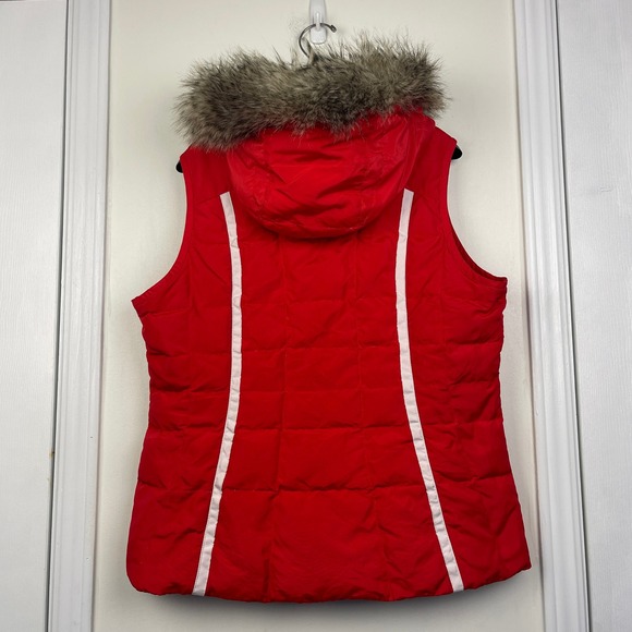 Eddie Bauer Womens L Down Faux Fur Hooded Puffer Vest Red White Trim Full Zip - Picture 3 of 8
